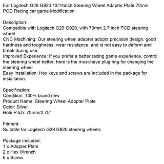 For Logitech G29 G920 Steering Wheel Adapter Plate 70mm Racing Game Modification