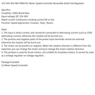 12V 24V 36V 48V PWM DC Motor Speed Controller Reversible Switch 6A Regulator