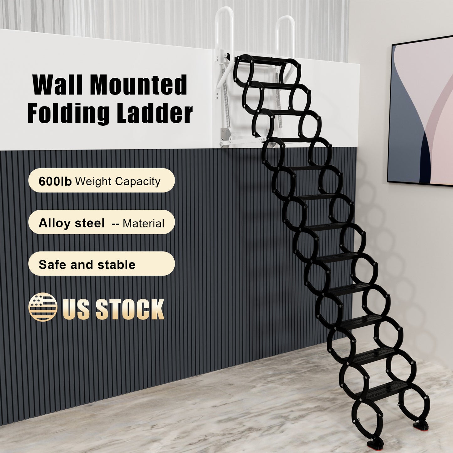 9.8ft Black Wall Mounted Folding Loft Ladder Stairs Attic Ladder Home Pulldown Wall Mounted Folding Ladder Black Loft Attic Stairs Pull down 12 Steps