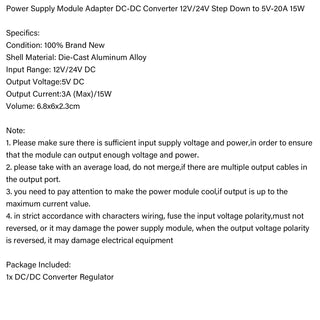 WaterProof 12V/24V to 5V 3A 15W Step Down DC/DC Power Converter Regulator