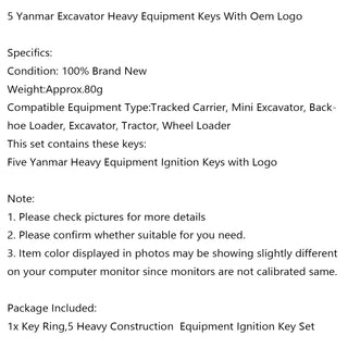 5Pcs For Yanmar Excavator Heavy Equipment Keys