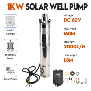 3" 60V 1KW MPPT Screw Solar Bore Pump Submersible Deep Well Hole Steel Head 160M3" 60V 1KW Deep Well Solar Submersible Bore Hole Water Pump Head 160M