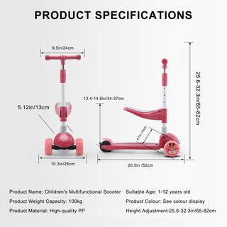 Convertible 2-in-1 Kids Scooter – Foldable Seat, LED Wheels, 3-Height Bar (Pink)