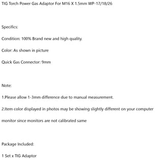 TIG Torch Power Gas Adaptor 35-50 12mm M10 Gas For M16 X 1.5mm WP-17/18/26