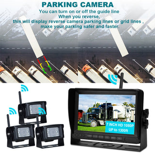 7" Wireless AHD 1080P Rear View Backup Camera Kit – 3-Channel Monitor for Truck, Trailer