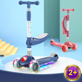 2-in-1 Kids Scooter Foldable Seat Light 3 Wheel Adjustable Folding Bar Blue/Pink