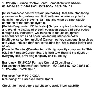 1012920A Furnace Control Board Compatible with Rheem 62-24084-82 2-24084-02