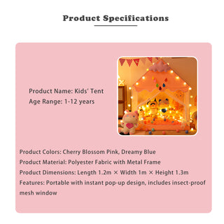 Mesh Window Portable Children’s Playhouse with Carry Bag Pink Assembly Tent with Metal Frame Kids Indoor Play Tent for Boys & Girls Optional Star Lights & Mat