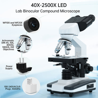 Advanced Binocular Microscope with 6 Magnification Settings – 40X-2500X, Widefield Eyepieces, and LED Lighting