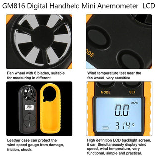 GM816 Digital Handheld Anemometer Wind Speed Meter Thermometer Sailing LCD