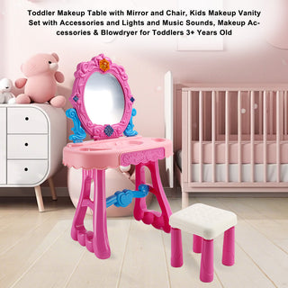 Toddler Makeup Table with Mirror and Chair Kids Vanity Set with Blowdryer for 3+