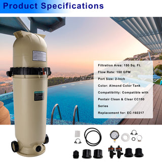 EC-160317 Cartridge Pool Filter Pump 150 GPM For Pentair Clean&Clear CC150 Pool