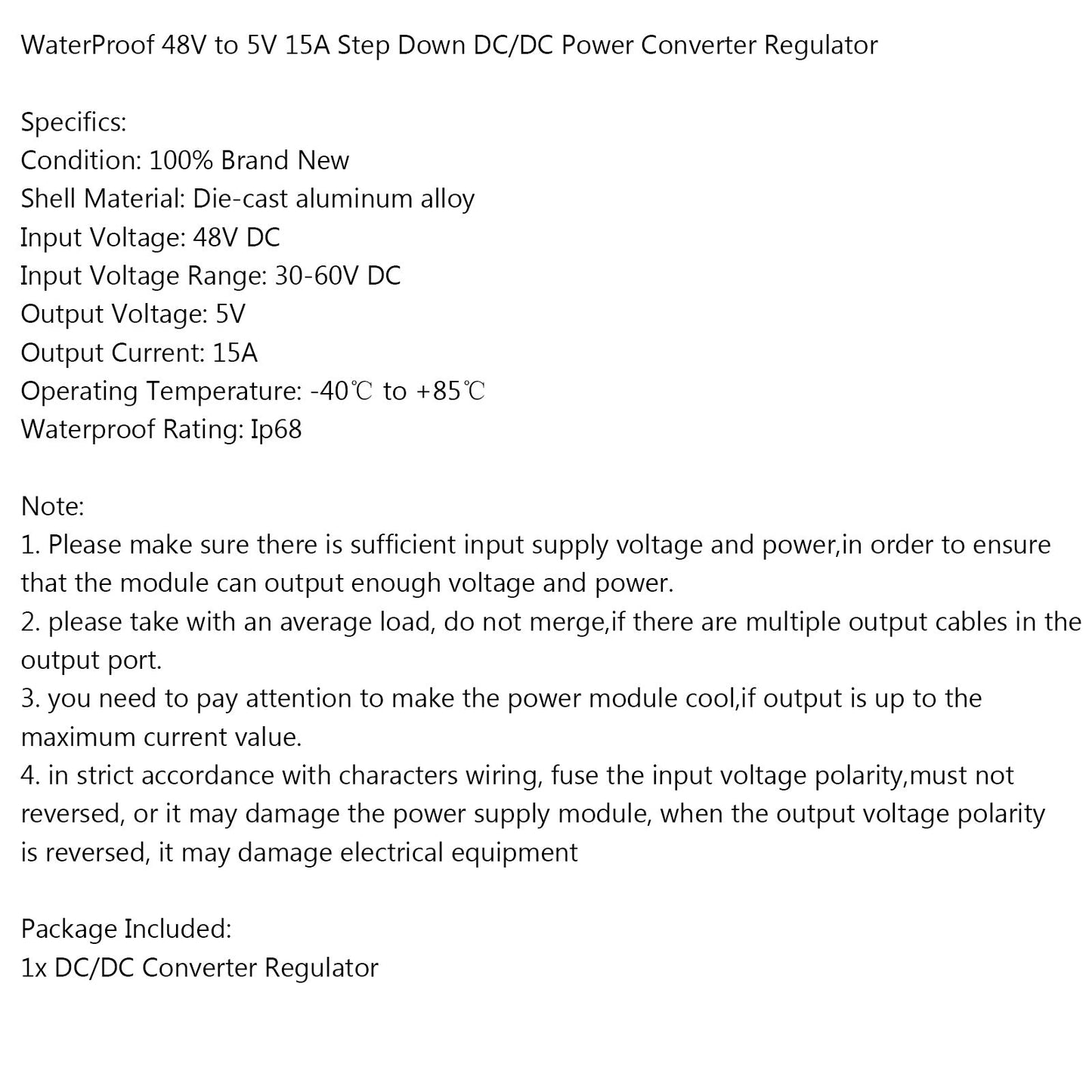 Areyourshop WaterProof 48V to 5V 15A Step Down DC/DC Power Converter Regulator Generic