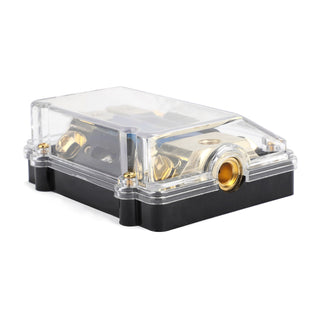 Splitter LED Display 1x0 IN 2x4GA OUT Distribution Block Fuse Holder Heat resistant plastic housing Clear Cover Nickel Plated for Car Audio Marine