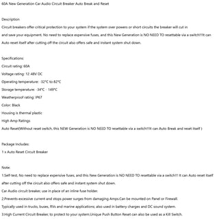 60A Amp Circuit Breaker Fuse 12-48V DC Car Boat Waterproof Auto Switch Fuse