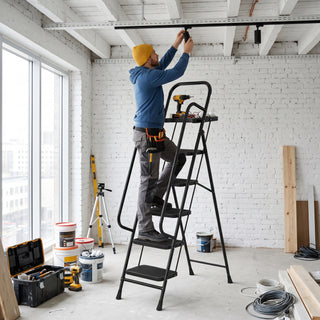 330 lbs Capacity Heavy Duty Steel Step Stool Folding Portable Safety Ladder for Home Kitchen Office 26" x 38" Wide Non-Slip Pedal Black 5-Step Ladder with Handrail & Tool Tray