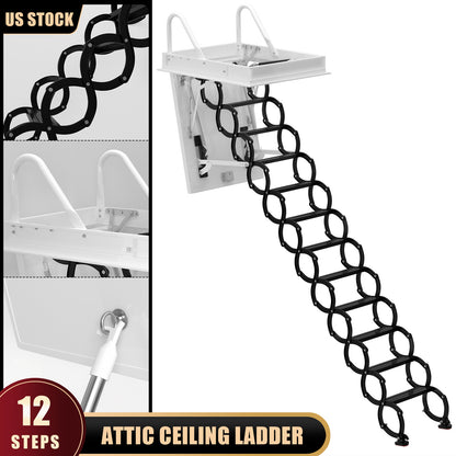 12 Steps Black loft wall ladder stairs and Pull Rod,Loft Wall Folding Pulldown Attic Ceiling Ladder Stairs 39.4 * 27.6"