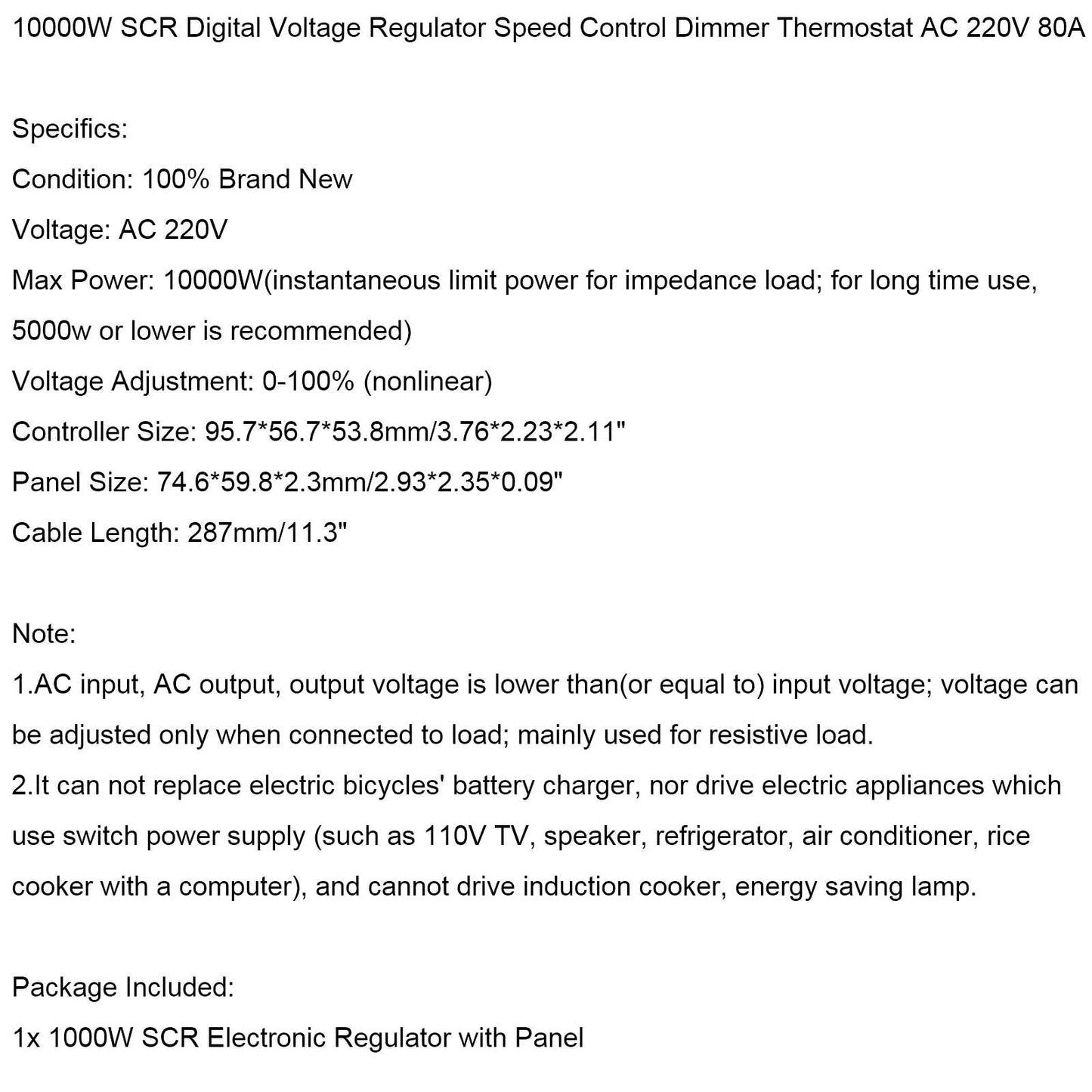 10000W SCR Digital Voltage Regulator Speed Control Dimmer Thermostat AC 220V 80A Generic