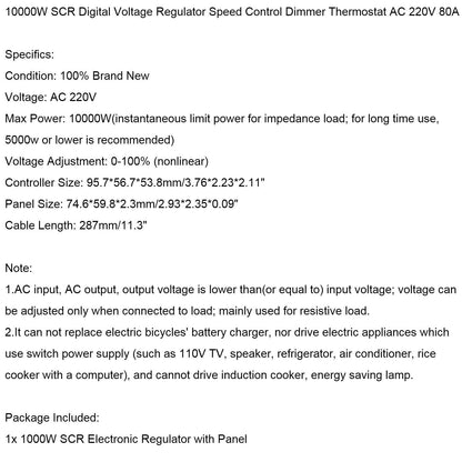 10000W SCR Digital Voltage Regulator Speed Control Dimmer Thermostat AC 220V 80A Generic