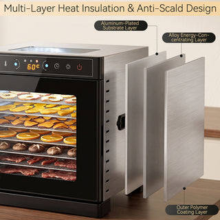 Food Dehydrator Dual-layer Body Electric Food Dryer with Top Clear Glass Viewing Window 304 Trays Household Dehydrator for Fruits Jerky Herbs & Dog Treats Veggies Adjustable Temp