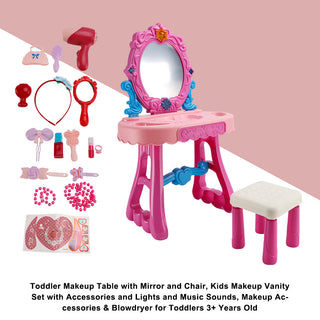 Toddler Makeup Table with Mirror and Chair Kids Vanity Set with Blowdryer for 3+