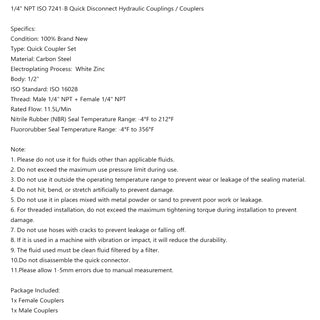 1 Sets 1/4" NPT ISO 7241-B Quick Disconnect Hydraulic Couplings / Couplers