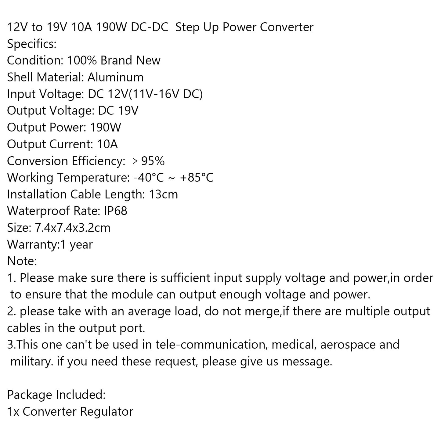 12V to 19V 10A 190W DC-DC Boost Step Up Power Converter Voltage Regulator Module Generic