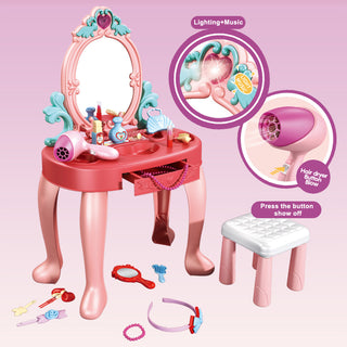 Toddler Makeup Table with Mirror and Chair Kids Vanity Set with Blowdryer for 3+