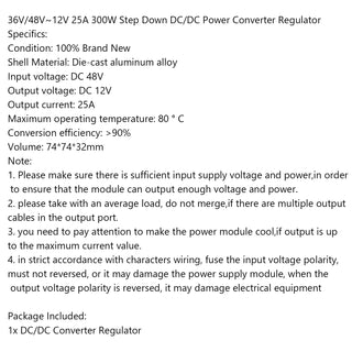 WaterProof 36V/48V to 12V 25A 300W Step Down DC/DC Power Converter Regulator