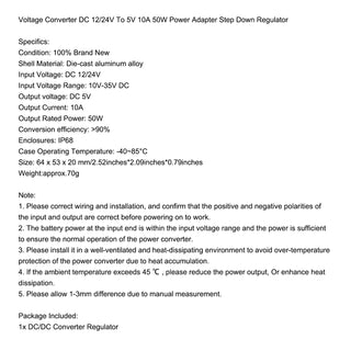 Voltage Converter DC 12/24V To 5V 10A 50W Power Adapter Step Down Regulator