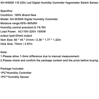 XH-W3005 110 220v Led Digital Humidity Controller Hygrometer Switch Sensor