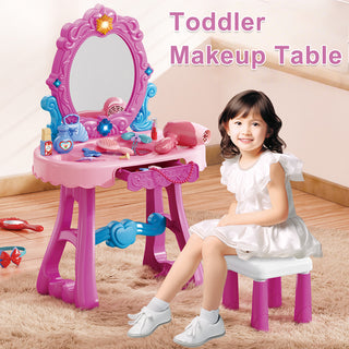Toddler Makeup Table with Mirror and Chair Kids Vanity Set with Blowdryer for 3+