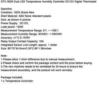 STC-3028 Dual LED Temperature Humidity Controller DC12V Digital Thermostat