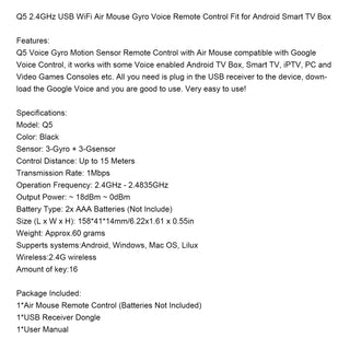 Gyro Voice Remote Q5 Google Control WiFi Air Mouse USB for Android Smart TV Box
