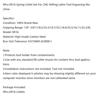 9Pcs ER16 Spring Collet Set For CNC Milling Lathe Tool Engraving Machine Steel