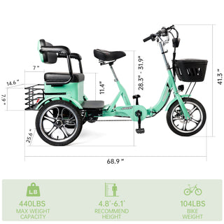 Electric Bike, 400W Folding Trike Ebike, 3 Wheel Electric Bicycle, Up to 34 Miles, 16 Tire Tricycle for Adults, Green