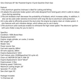 20" Gasoline Chainsaw – Engine 2 Cycl 52 Cc, 2 KW- Sawing Cutting Pruning and Trimming Wood