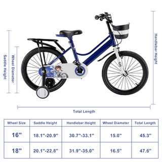 18" Kids Bike for Boys and Girls with auxiliary wheels & Rack Dark Blue