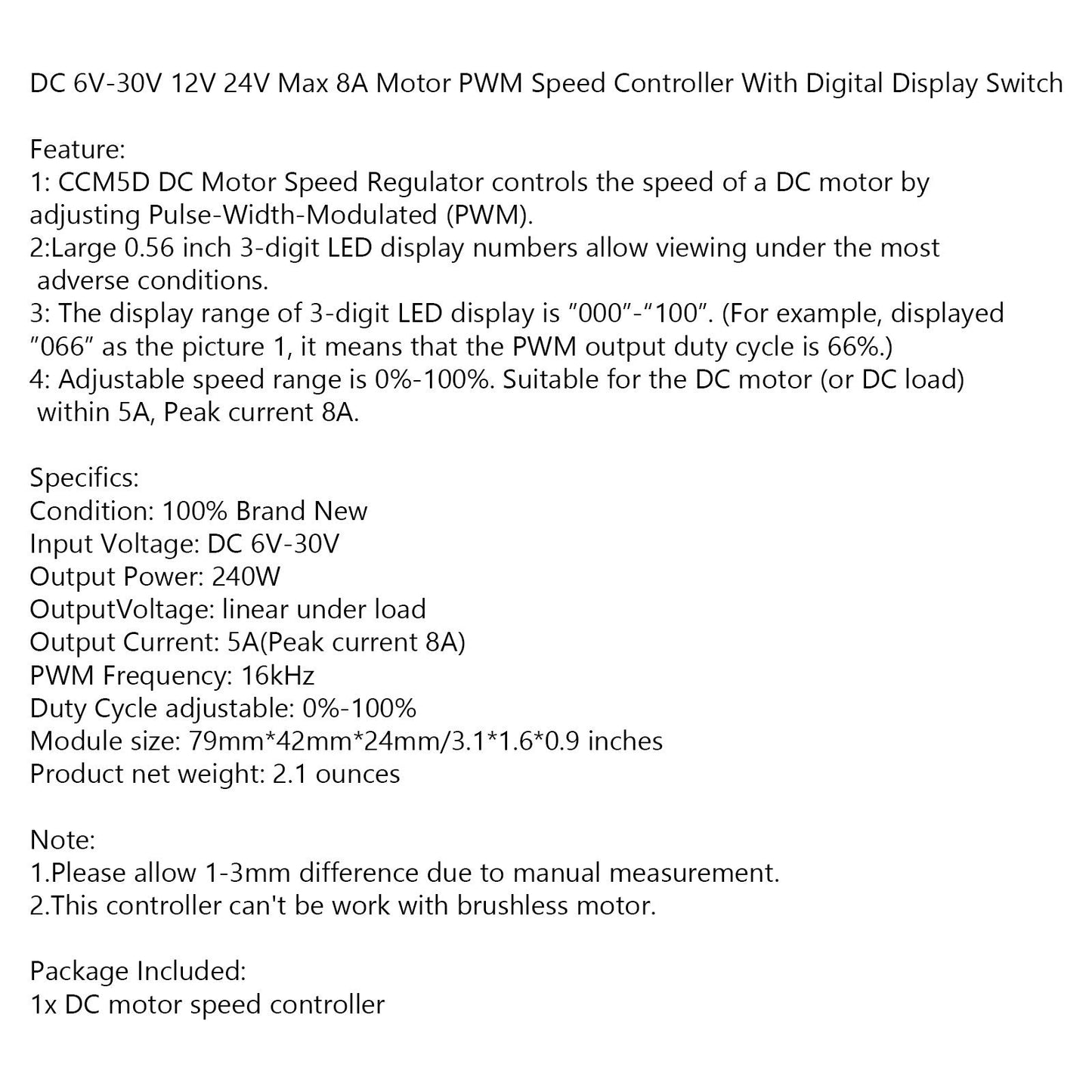 DC 6V-30V 12V 24V Max 8A Motor PWM Speed Controller With Digital Display Switch Generic