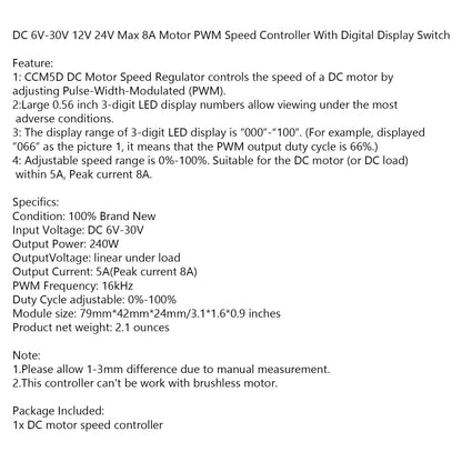 DC 6V-30V 12V 24V Max 8A Motor PWM Speed Controller With Digital Display Switch Generic