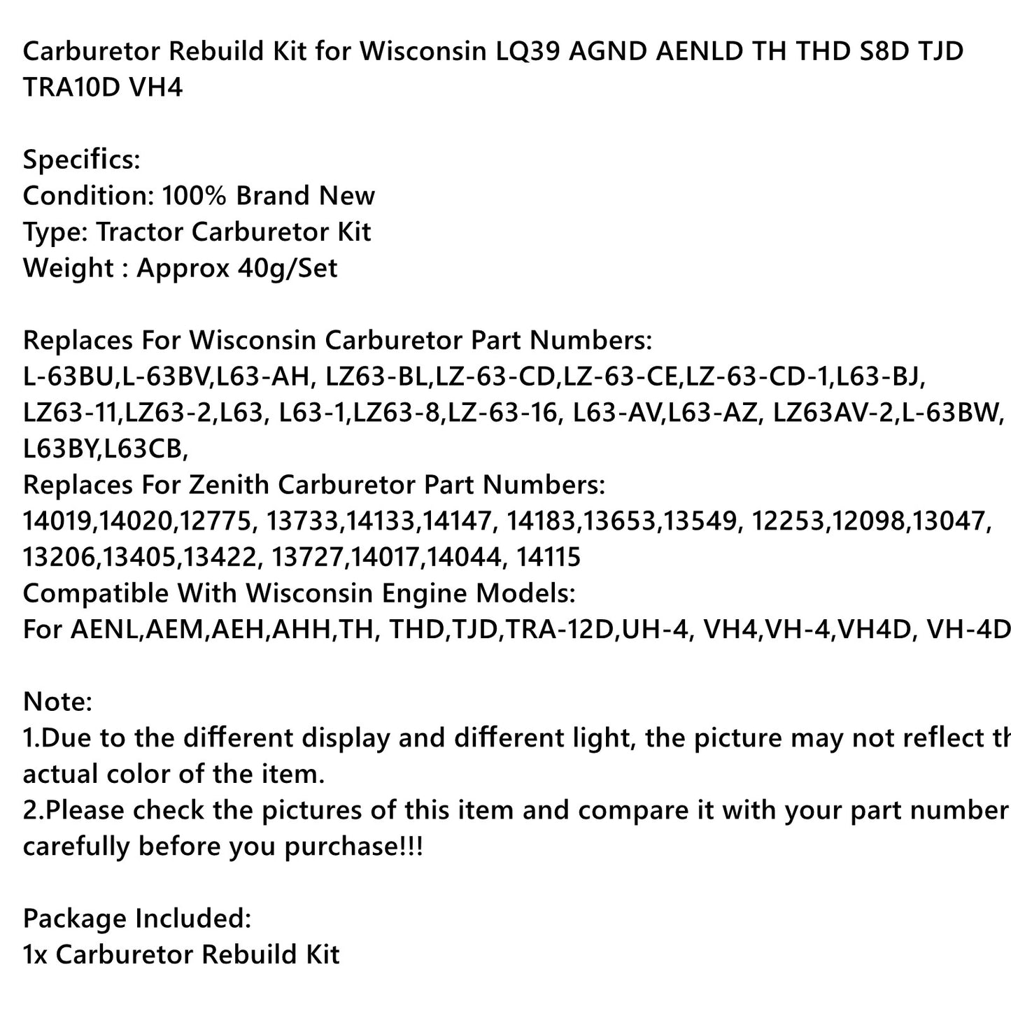 Carburetor Kit & Float for Zenith Wisconsin Engine VH4D VHD TJD replaces LQ39 Generic