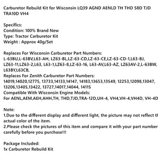Carburetor Kit & Float for Zenith Wisconsin Engine VH4D VHD TJD replaces LQ39