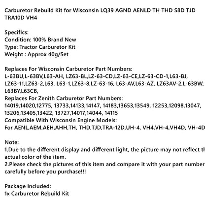 Carburetor Kit & Float for Zenith Wisconsin Engine VH4D VHD TJD replaces LQ39 Generic