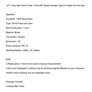 3-Way Ball Valve Female T Port Lever Handle G1/2" Made Of Forged Brass