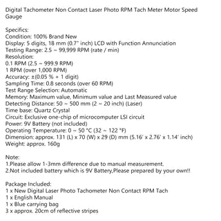 Digital Non Contact Tachometer Laser Photo RPM Tach Meter Motor Speed Gauge