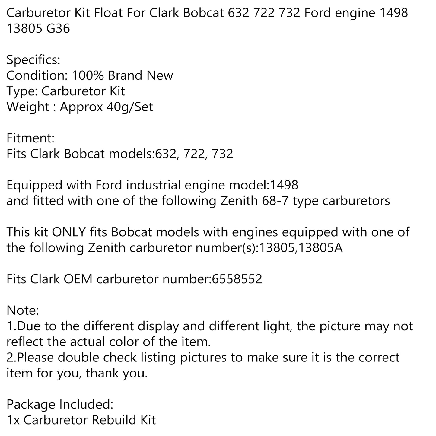 Carburetor Kit 1498 13805 G36 Float For Clark Bobcat 632 722 732 Ford Engine Generic