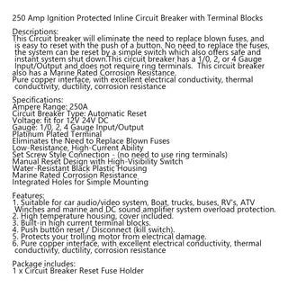 250A Circuit Breaker Ignition Inline Automatic Reset Fuse For Car Audio Marine 250A AMP Circuit Breaker Ignition Inline Replace Reset Fuse For Car Audio Marine 250A Circuit Breaker Ignition Protected Inline Reset Replace Fuse For Car Marine