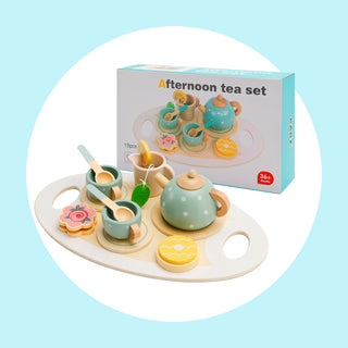 15PCS Wooden Tea Set Toy for Kids – Pretend Play Kitchen Tea Party Set with Dishes