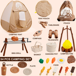 Binoculars Cooking Tools Kids Camping Set with Tent Indoor and Outdoor Gift for Boys Girls 34Pcs Camping Pretend Play Set with Light-Up Campfire Grill