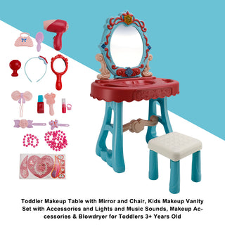 Toddler Makeup Table with Mirror and Chair Kids Vanity Set with Blowdryer for 3+